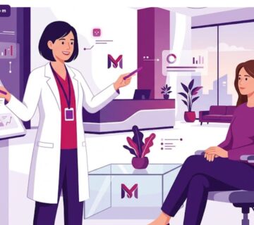 رسوم توضيحية فاخرة لطبيب يشرح إجراءات التجميل الجراحي المتقدم داخل عيادة عصرية بتصميم هندسي 