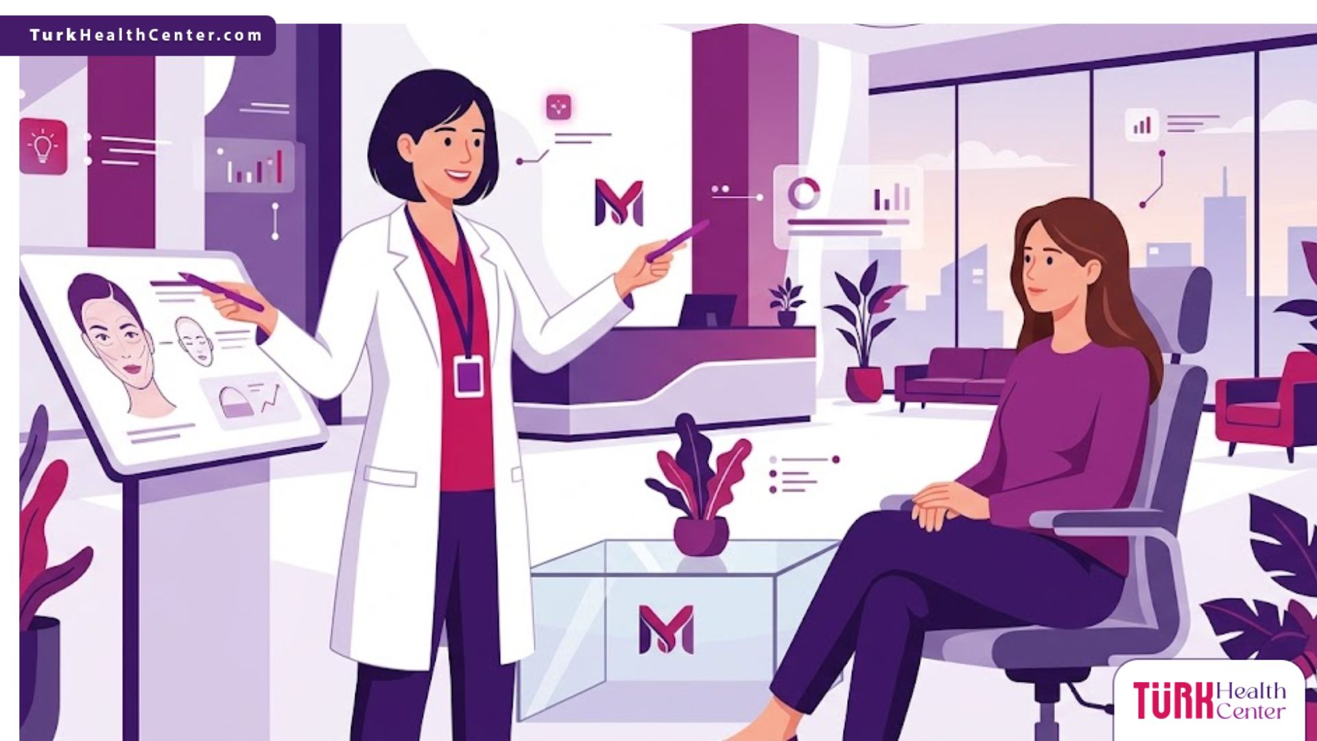 رسوم توضيحية فاخرة لطبيب يشرح إجراءات التجميل الجراحي المتقدم داخل عيادة عصرية بتصميم هندسي 