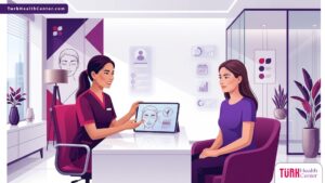 رسم توضيحي عصري يظهر طبيب يشرح عملية زراعة الحواجب لمريض داخل عيادة فاخرة بألوان أرجوانية احترافية 