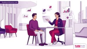 رسوم توضيحية فاخرة تظهر طبيباً يشرح تفاصيل تكلفة العمليات الجراحية في تركيا لمريض في عيادة حديثة 