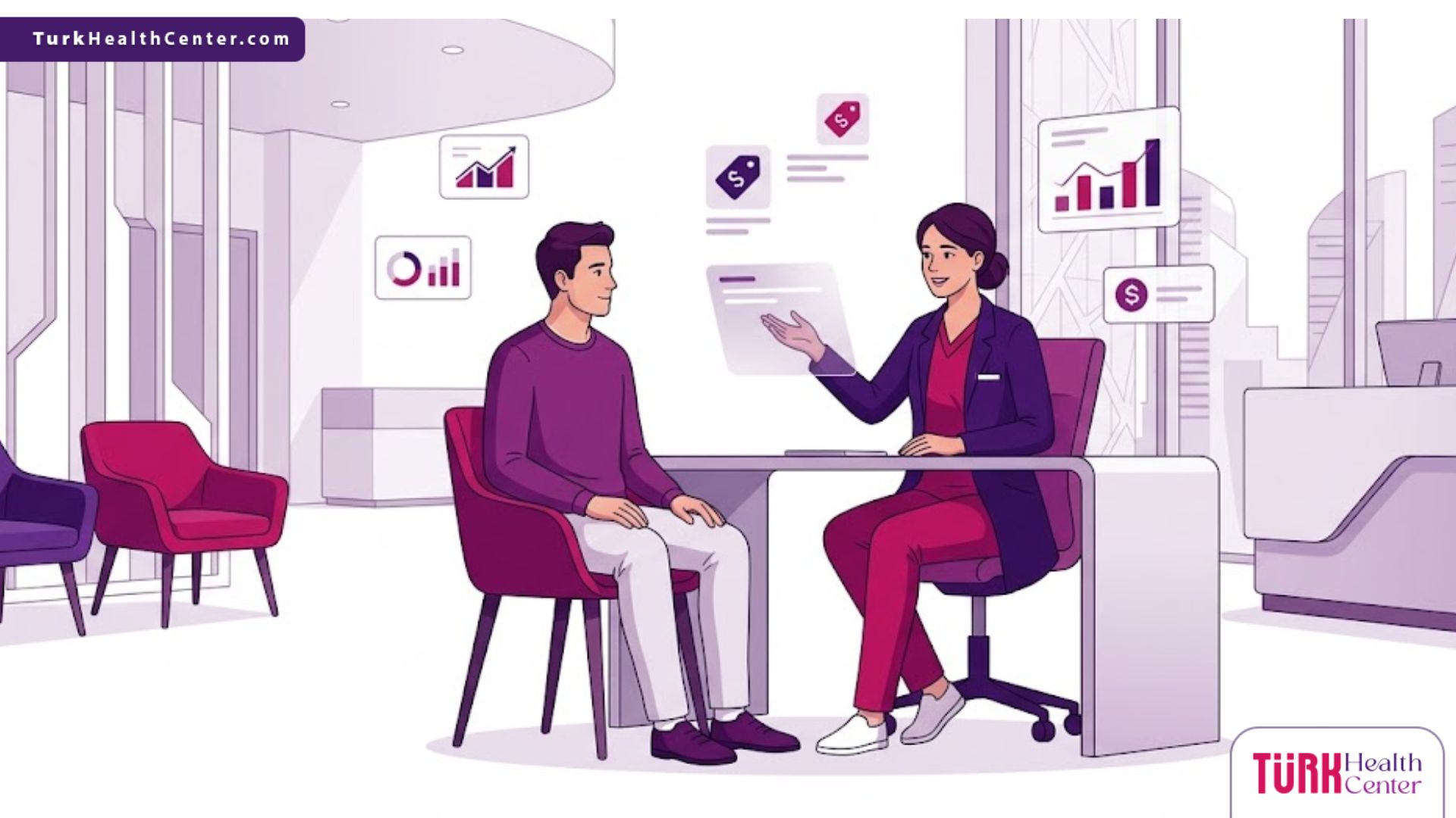 رسوم توضيحية فاخرة تظهر طبيباً يشرح تفاصيل تكلفة العمليات الجراحية في تركيا لمريض في عيادة حديثة 