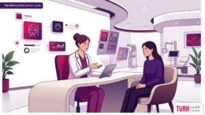 رسم توضيحي يظهر طبيباً يشرح تفاصيل أسعار جراحة التجميل للمريض داخل عيادة عصرية فاخرة 