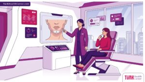 رسم توضيحي يظهر طبيباً يشرح خطوات زراعة الذقن لمريض داخل عيادة عصرية بألوان فاخرة 