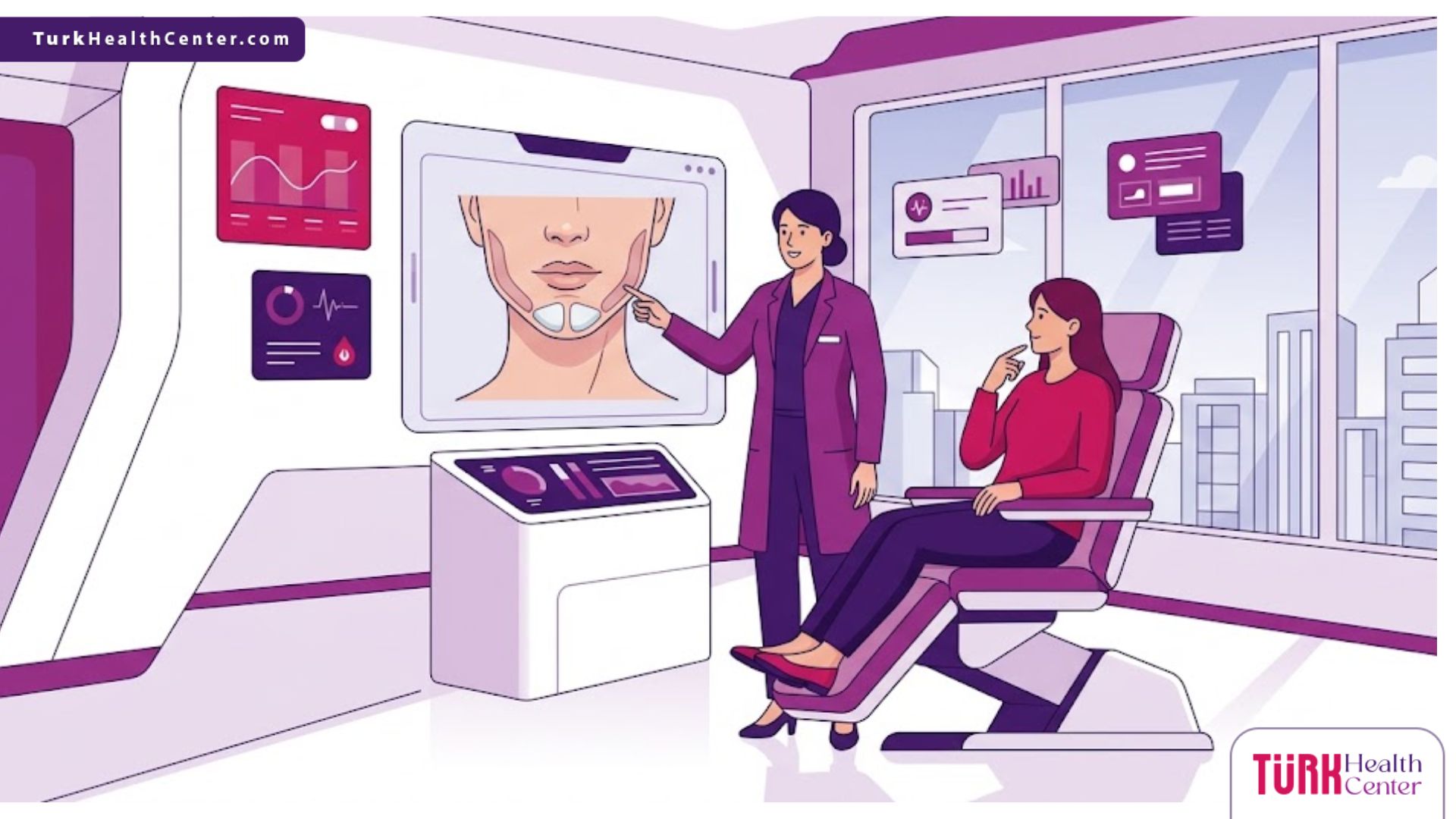 رسم توضيحي يظهر طبيباً يشرح خطوات زراعة الذقن لمريض داخل عيادة عصرية بألوان فاخرة 