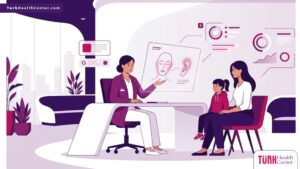 رسوم توضيحية لعيادة طبية حديثة يظهر فيها طبيب يشرح إجراءات جراحة التجميل للأطفال بأسلوب فيكتور راقي 