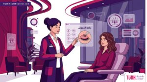 رسم توضيحي عصري يظهر طبيب يشرح عملية زراعة الرموش لمريضة داخل عيادة فاخرة بألوان الماجنتا والبنفسجي 