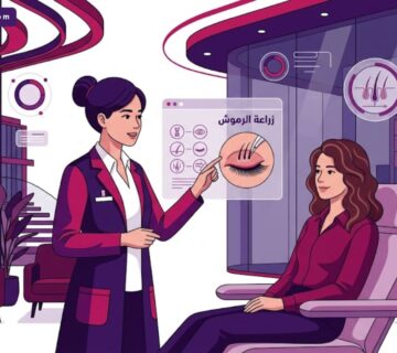رسم توضيحي عصري يظهر طبيب يشرح عملية زراعة الرموش لمريضة داخل عيادة فاخرة بألوان الماجنتا والبنفسجي 