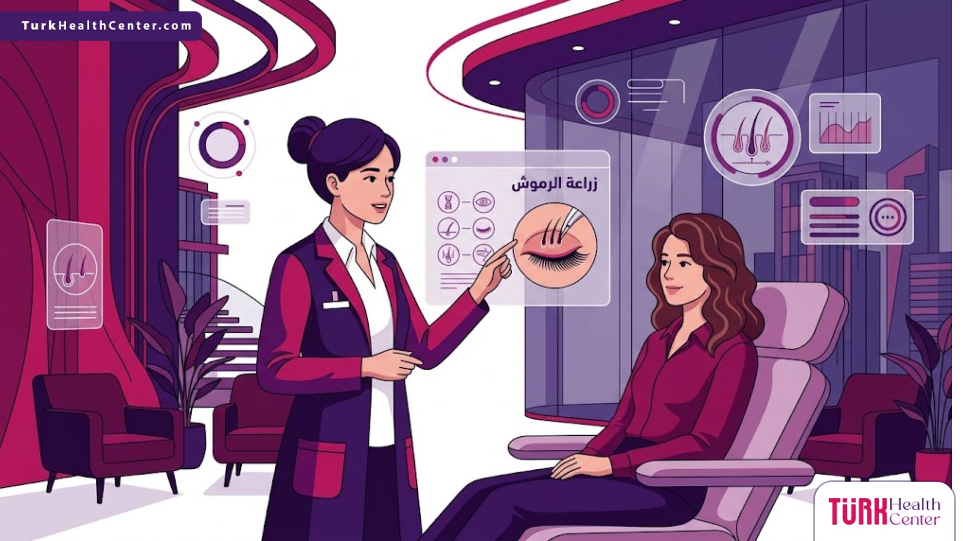 رسم توضيحي عصري يظهر طبيب يشرح عملية زراعة الرموش لمريضة داخل عيادة فاخرة بألوان الماجنتا والبنفسجي 