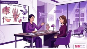 رسم توضيحي عصري يظهر طبيباً يشرح خطوات الجراحة المجهرية الترميمية لمريض داخل عيادة فاخرة 