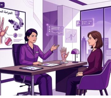 رسم توضيحي عصري يظهر طبيباً يشرح خطوات الجراحة المجهرية الترميمية لمريض داخل عيادة فاخرة 