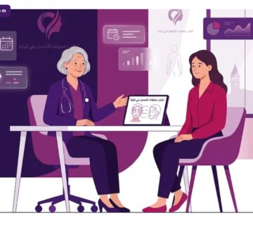 رسم توضيحي يظهر طبيب تجميل يشرح تفاصيل تجارب عمليات التجميل في تركيا لمريض داخل عيادة عصرية فاخرة 