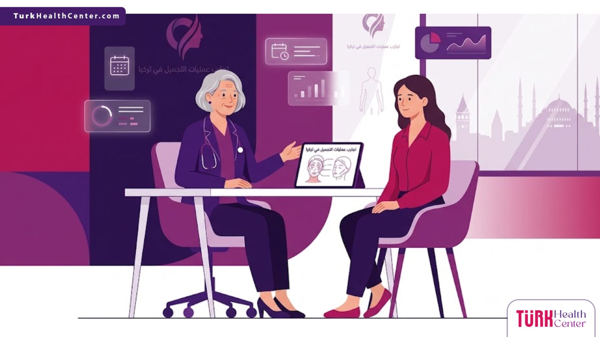 رسم توضيحي يظهر طبيب تجميل يشرح تفاصيل تجارب عمليات التجميل في تركيا لمريض داخل عيادة عصرية فاخرة 