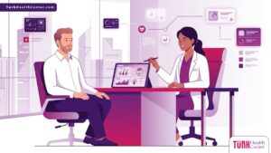 رسم توضيحي عصري يظهر طبيبًا يشرح خطوات عملية زراعة الشارب لمريض في عيادة فاخرة 