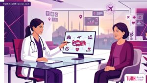 رسوم توضيحية عصرية تظهر طبيباً يشرح خدمات السياحة العلاجية في تركيا داخل عيادة فاخرة 