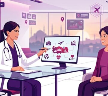 رسوم توضيحية عصرية تظهر طبيباً يشرح خدمات السياحة العلاجية في تركيا داخل عيادة فاخرة 