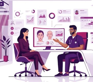 رسم توضيحي فيكتور لطبيب يشرح خطوات الجراحة التجميلية والتشوهات الخلقية في عيادة حديثة 