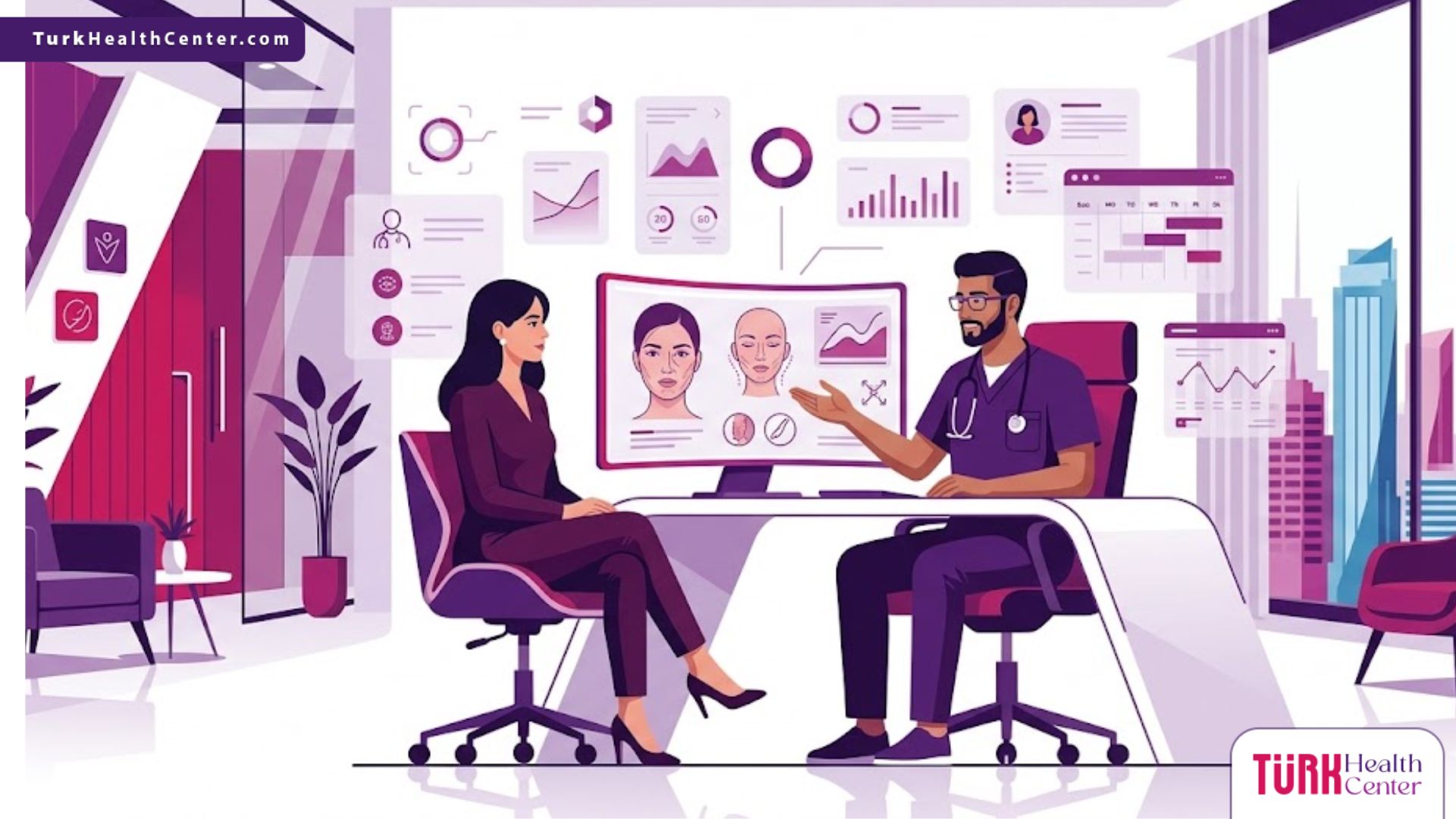 رسم توضيحي فيكتور لطبيب يشرح خطوات الجراحة التجميلية والتشوهات الخلقية في عيادة حديثة 