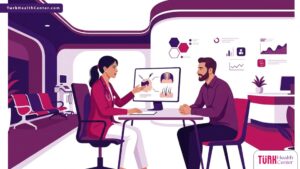 رسم توضيحي يظهر طبيب يشرح عملية زراعة الشعر لمريض في عيادة حديثة متطورة 