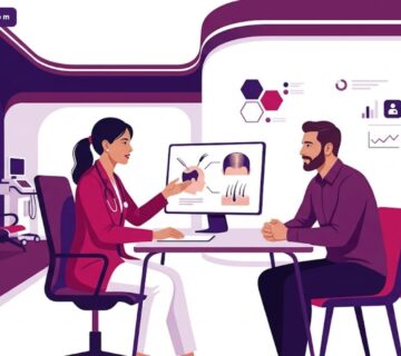 رسم توضيحي يظهر طبيب يشرح عملية زراعة الشعر لمريض في عيادة حديثة متطورة 