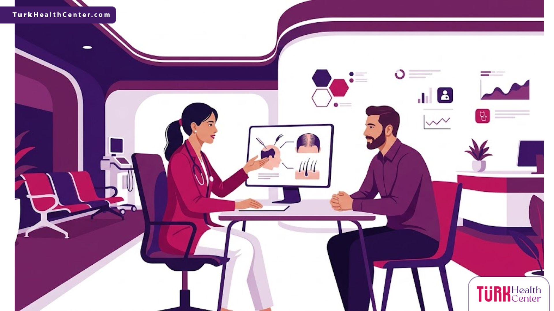 رسم توضيحي يظهر طبيب يشرح عملية زراعة الشعر لمريض في عيادة حديثة متطورة 