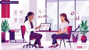 رسوم فيكتور توضيحية لطبيب يشرح خطوات جراحة الندبات والتشوهات لمريض في عيادة فاخرة 