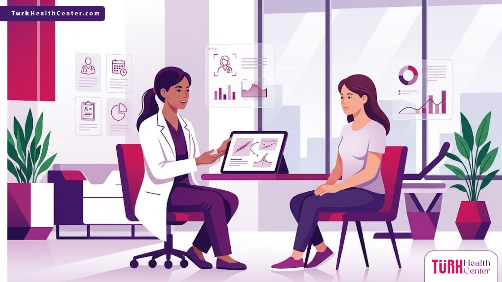 رسوم فيكتور توضيحية لطبيب يشرح خطوات جراحة الندبات والتشوهات لمريض في عيادة فاخرة 