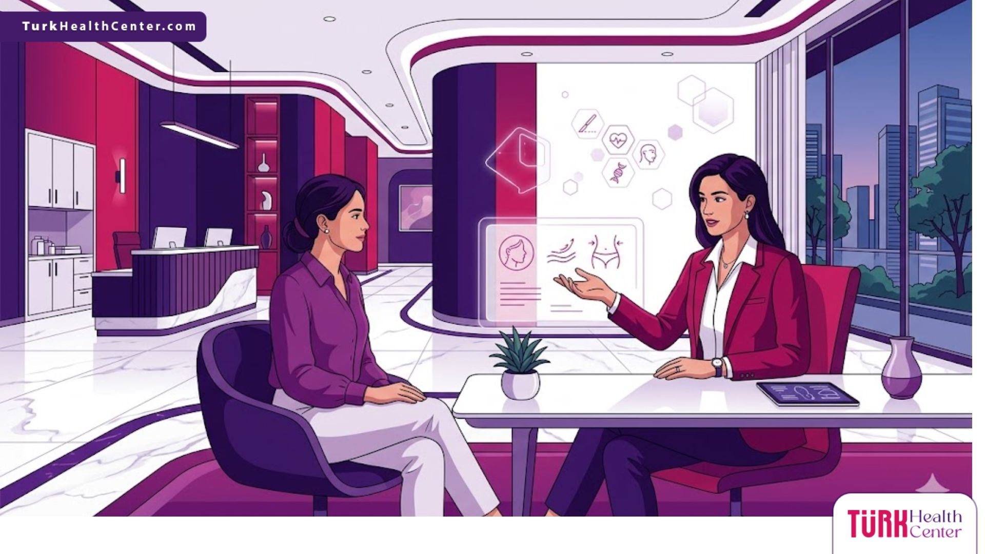 رسوم توضيحية فيكتور لعيادة طبية حديثة تشرح إجراءات الجراحة التجميلية والترميمية بأسلوب عصري 