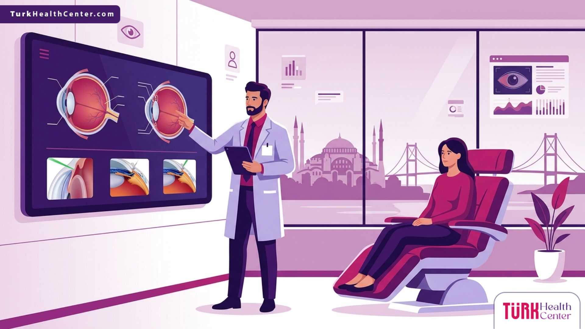 رسم توضيحي يظهر طبيب عيون يشرح تفاصيل جراحة الجلوكوما بالليزر في تركيا لمريض داخل عيادة طبية حديثة 