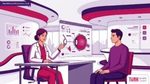 رسم توضيحي لعيادة طبية متطورة تشرح إجراءات جراحة الشبكية الطارئة في تركيا للمريض بأسلوب حديث 