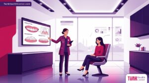 رسم توضيحي يظهر طبيب يشرح خطوات جراحة اللثة التجميلية في تركيا لمريض داخل عيادة عصرية 