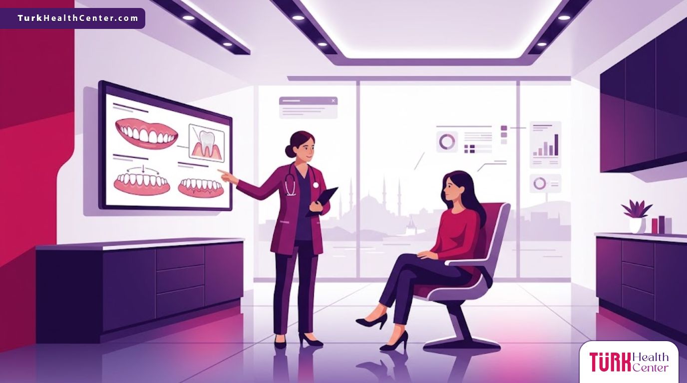 رسم توضيحي يظهر طبيب يشرح خطوات جراحة اللثة التجميلية في تركيا لمريض داخل عيادة عصرية 