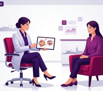رسوم توضيحية فاخرة لطبيب يشرح خطوات جراحة شد الجفون بالليزر في تركيا لمريض داخل عيادة عصرية 
