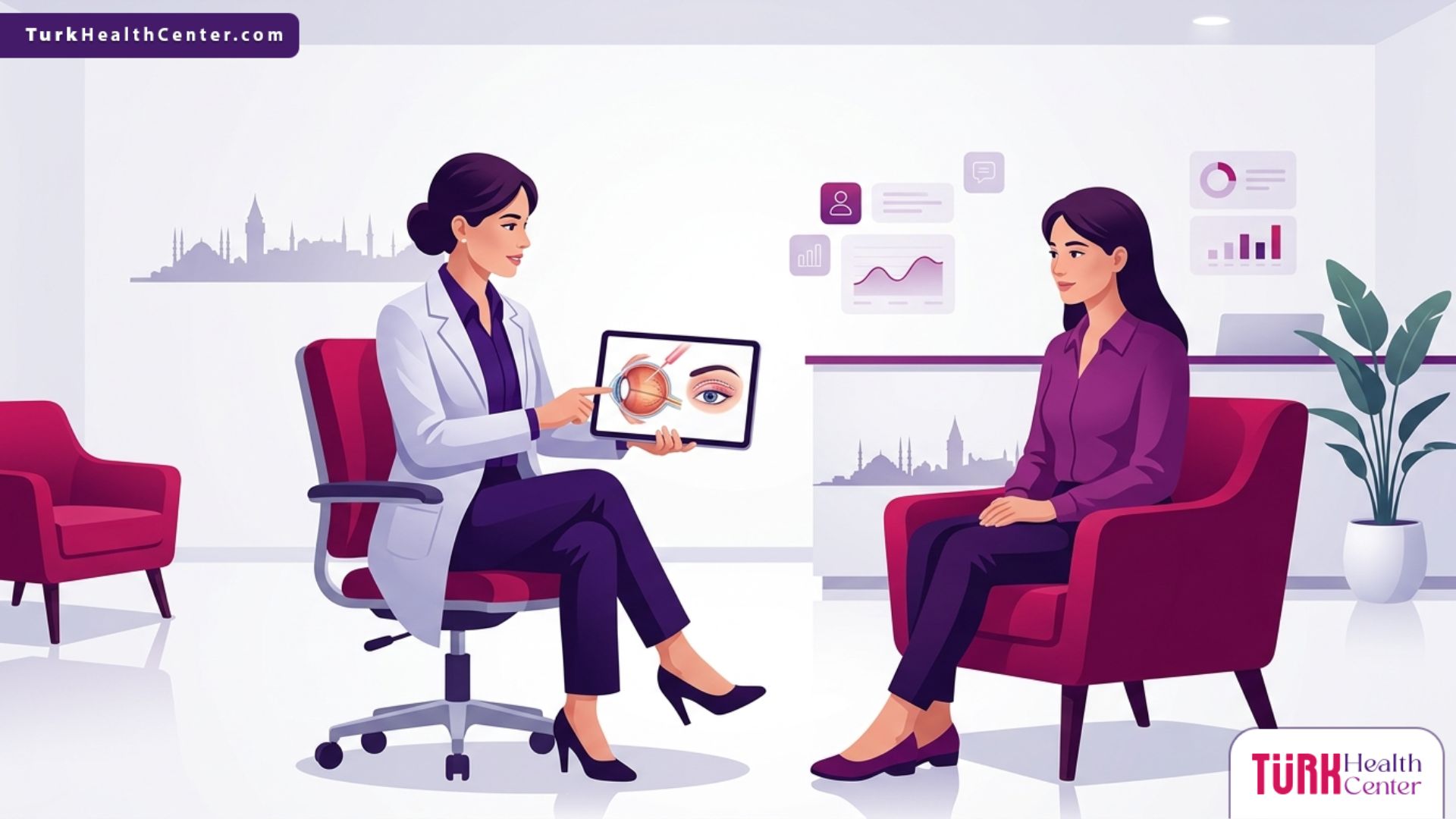رسوم توضيحية فاخرة لطبيب يشرح خطوات جراحة شد الجفون بالليزر في تركيا لمريض داخل عيادة عصرية 