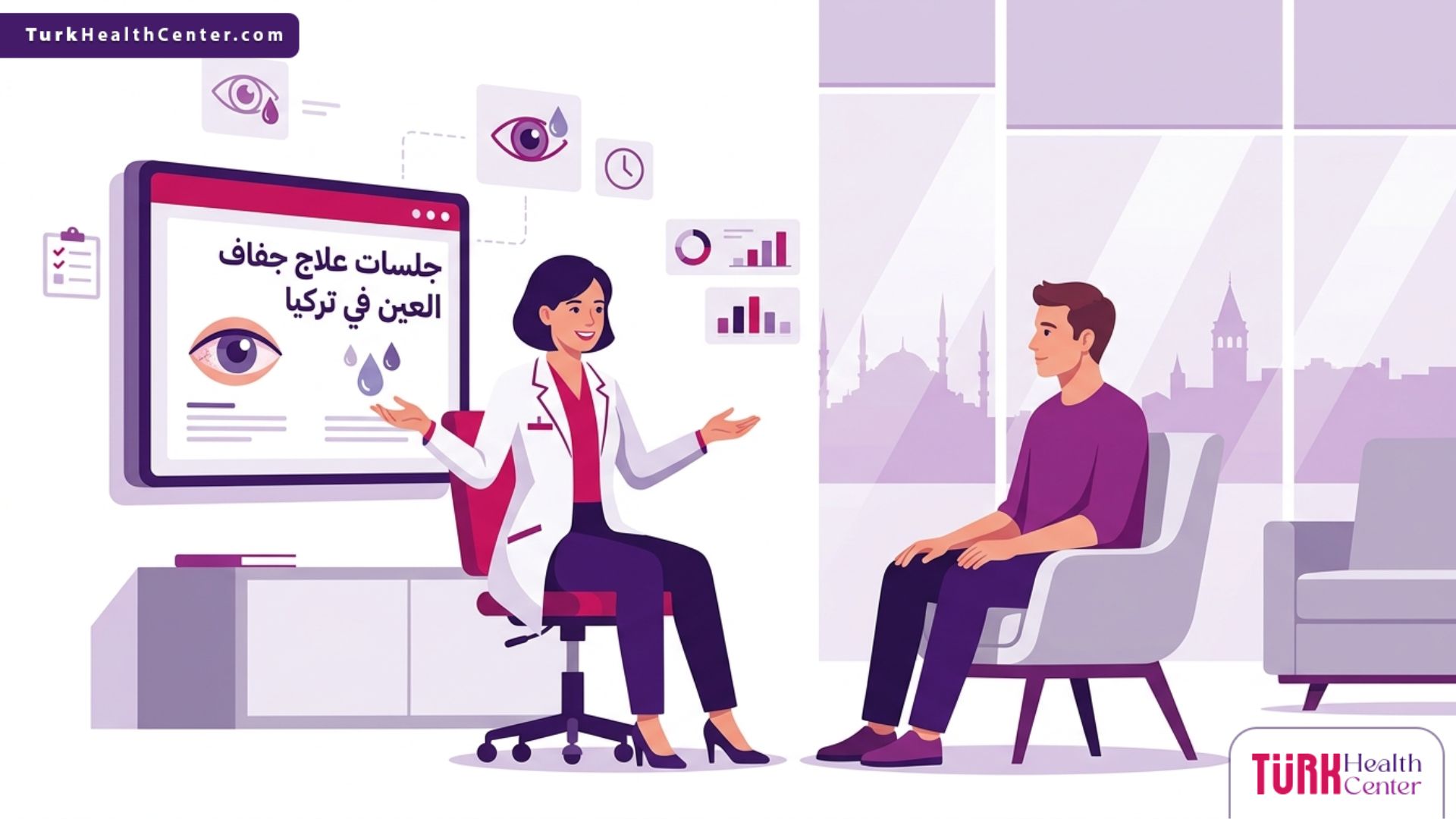 رسم توضيحي عصري لعيادة فاخرة يشرح فيها الطبيب جلسات علاج جفاف العين في تركيا