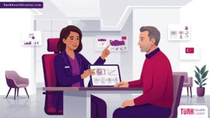 رسم توضيحي يظهر طبيباً يشرح تفاصيل حجز عملية ICL في تركيا لمريض داخل عيادة حديثة فاخرة 