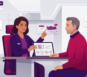 رسم توضيحي يظهر طبيباً يشرح تفاصيل حجز عملية ICL في تركيا لمريض داخل عيادة حديثة فاخرة 