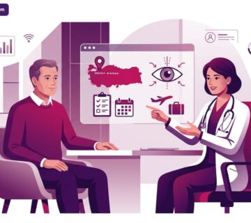 رسم توضيحي يظهر طبيب يشرح خطوات حجز عملية ليزك في تركيا لمريض داخل عيادة عصرية 