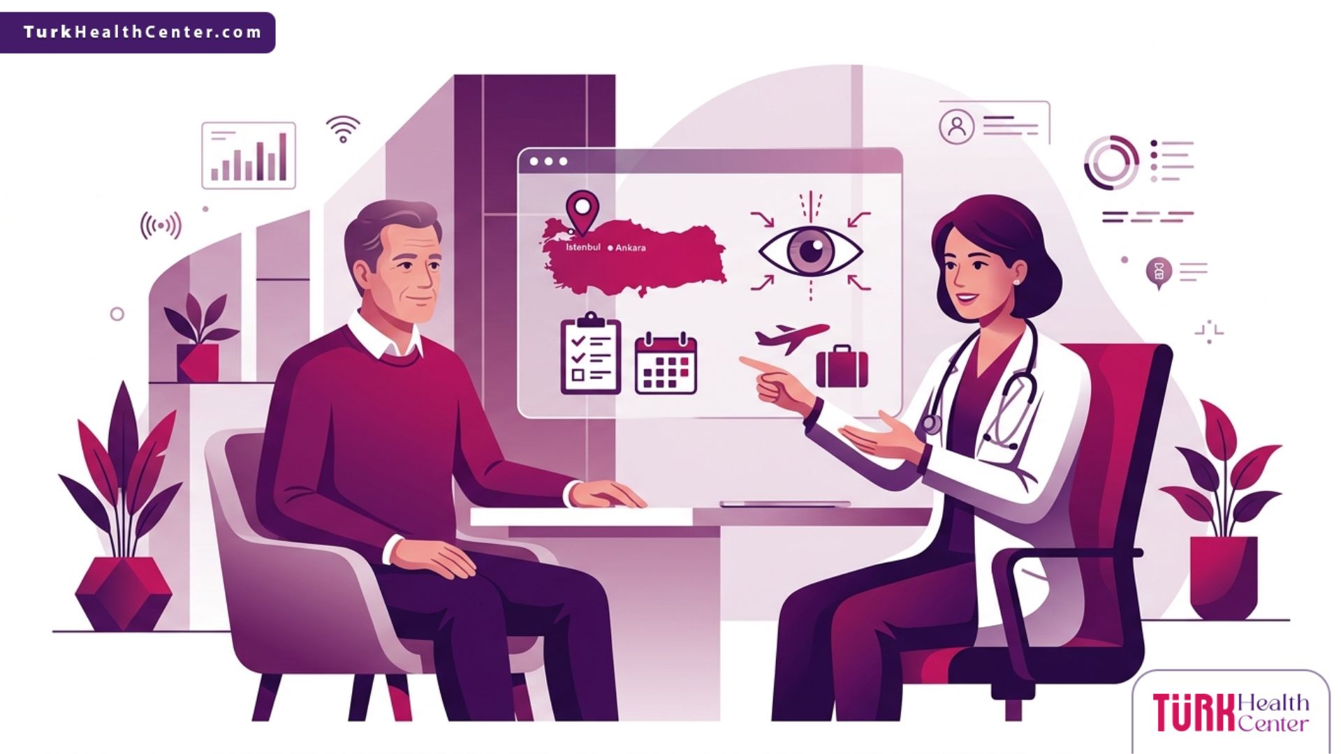 رسم توضيحي يظهر طبيب يشرح خطوات حجز عملية ليزك في تركيا لمريض داخل عيادة عصرية