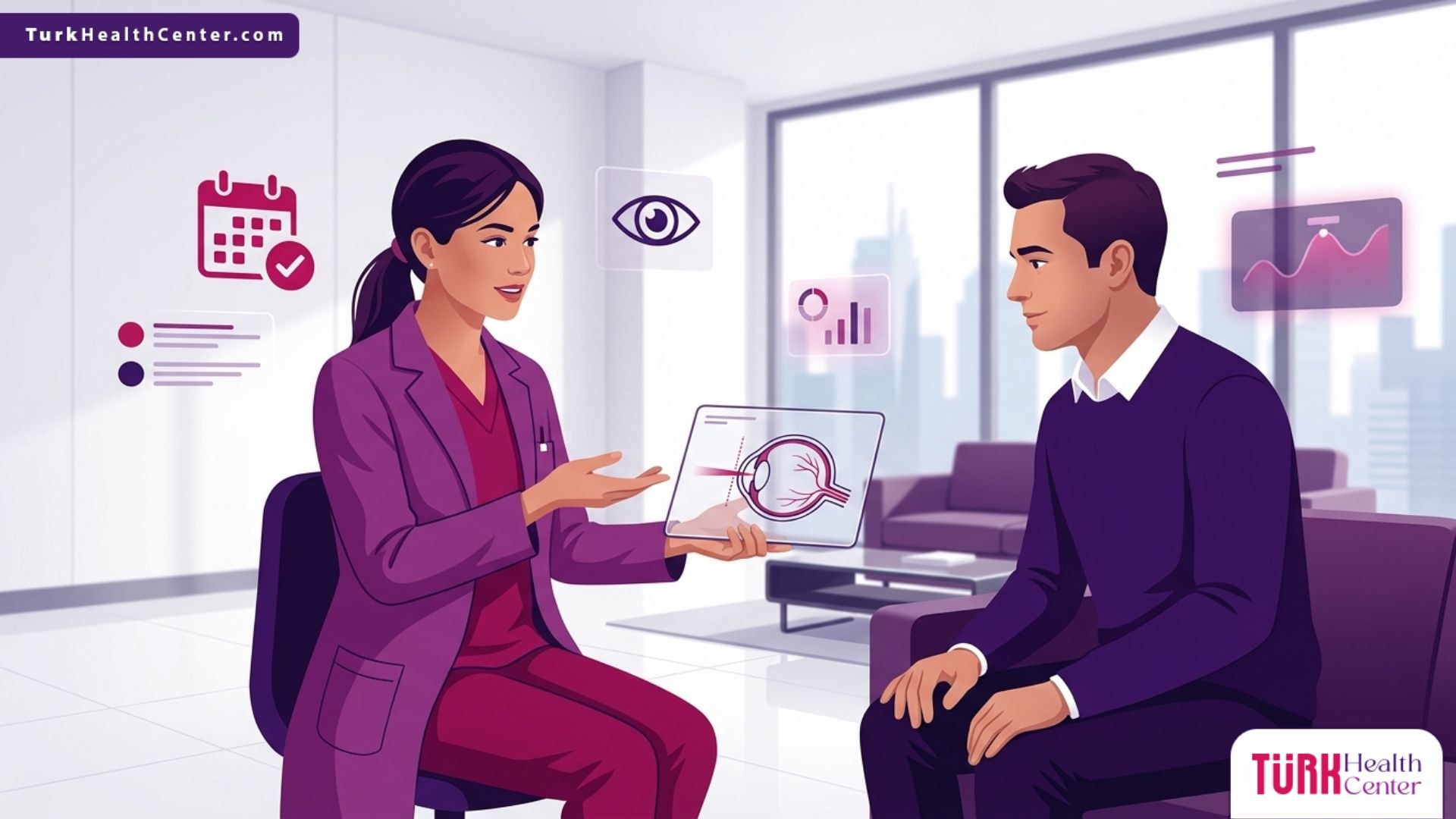 رسم توضيحي عصري لعيادة عيون فخمة يوضح خطوات حجز موعد مع أفضل دكتور ليزك في إسطنبول وتوجيه المريض