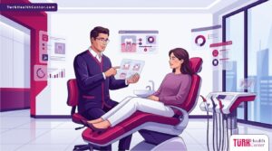 رسم توضيحي يظهر طبيب يشرح إجراءات حشوات الأسنان في تركيا داخل عيادة حديثة فاخرة 