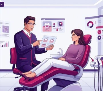 رسم توضيحي يظهر طبيب يشرح إجراءات حشوات الأسنان في تركيا داخل عيادة حديثة فاخرة 