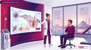 رسم توضيحي عصري لعيادة طبية فاخرة يشرح فيها الطبيب فوائد حقن الإكسوزومات في تركيا للمريض 