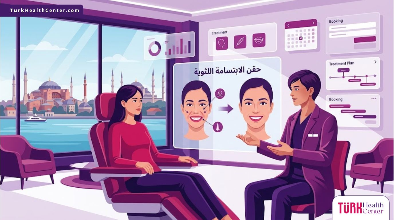 رسم توضيحي عصري لعيادة طبية يشرح فيها الطبيب عملية حقن الابتسامة اللثوية في تركيا للمريض 