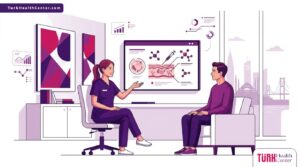 رسم توضيحي يظهر طبيبًا يشرح آلية حقن الببتيدات النحاسية في تركيا داخل عيادة عصرية متطورة 