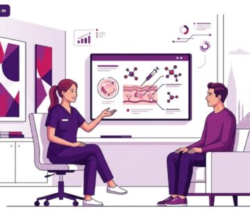 رسم توضيحي يظهر طبيبًا يشرح آلية حقن الببتيدات النحاسية في تركيا داخل عيادة عصرية متطورة 