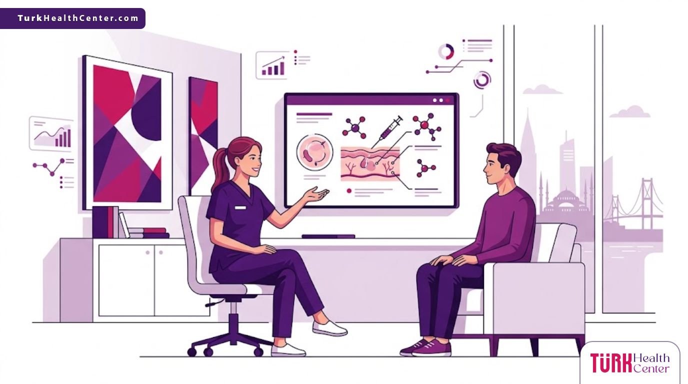 رسم توضيحي يظهر طبيبًا يشرح آلية حقن الببتيدات النحاسية في تركيا داخل عيادة عصرية متطورة 