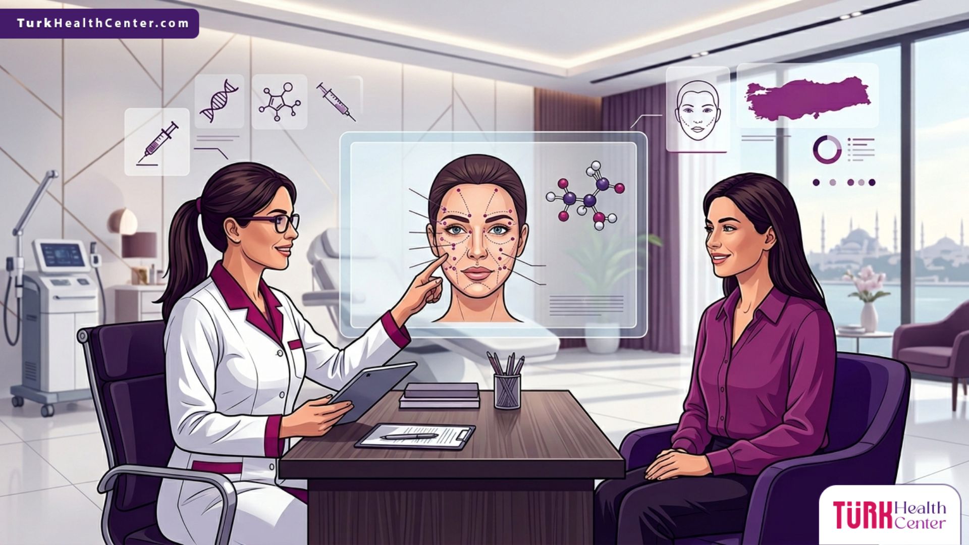 رسم توضيحي لعيادة تجميل تشرح إجراءات حقن البروفايلو بتركيز عالي في تركيا