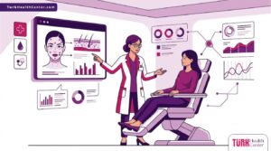 رسم توضيحي يظهر طبيباً يشرح عملية حقن البروفايلو في تركيا لمريض داخل عيادة فاخرة وأنيقة 