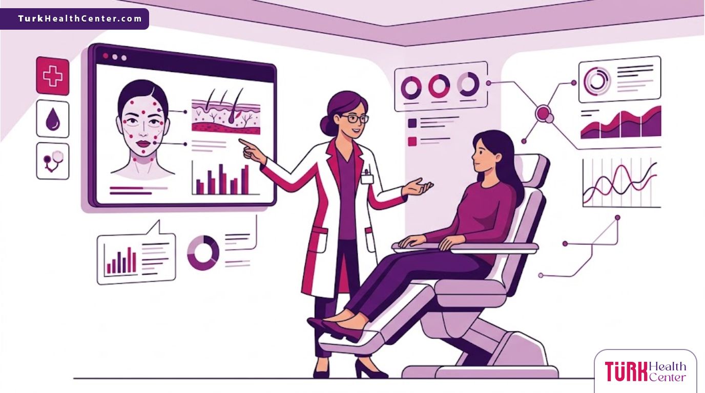 رسم توضيحي يظهر طبيباً يشرح عملية حقن البروفايلو في تركيا لمريض داخل عيادة فاخرة وأنيقة 