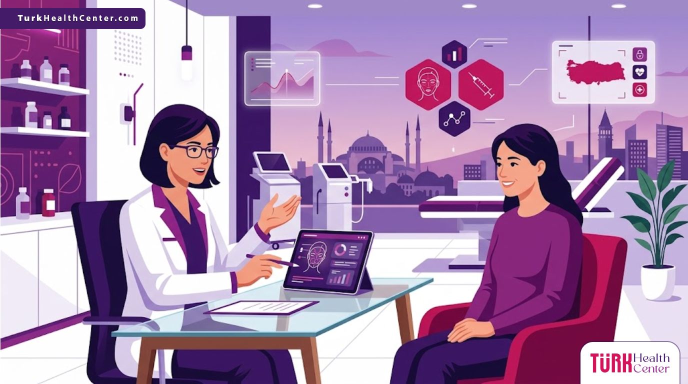 رسم توضيحي يظهر طبيب يشرح عملية حقن البوتوكس المصغر في تركيا لمريض في عيادة فاخرة 